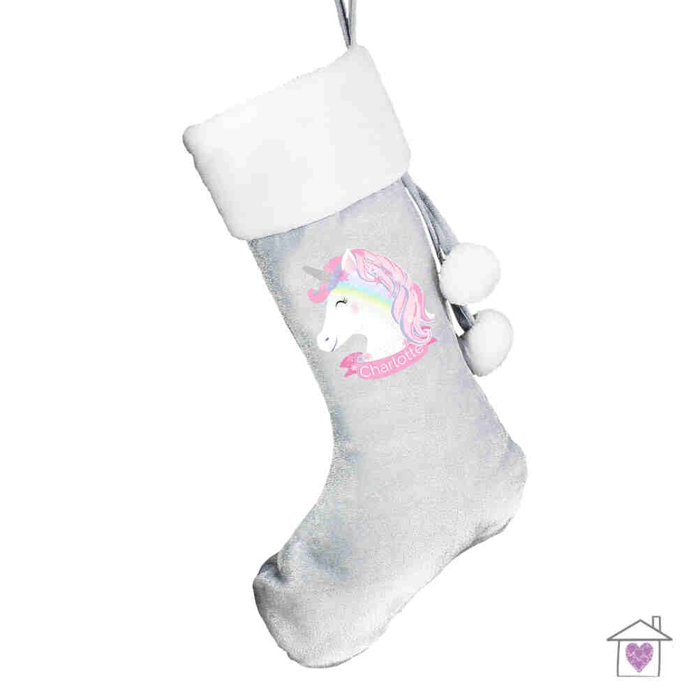 Personalised Christmas Unicorn Luxury Silver Grey Stocking - Image 2