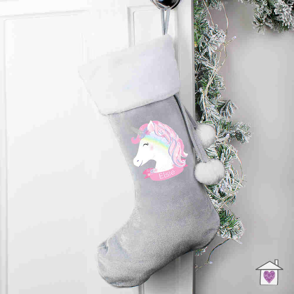 Personalised Christmas Unicorn Luxury Silver Grey Stocking - Image 3