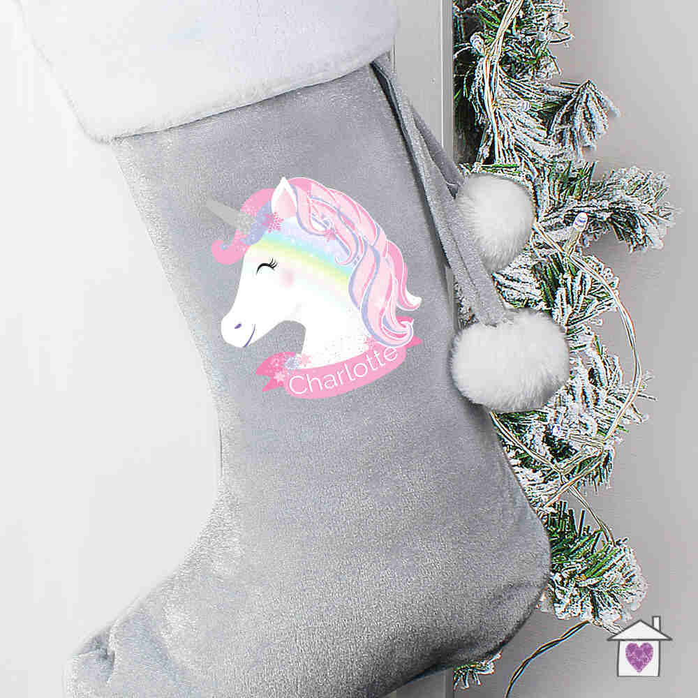 Personalised Christmas Unicorn Luxury Silver Grey Stocking - Image 4