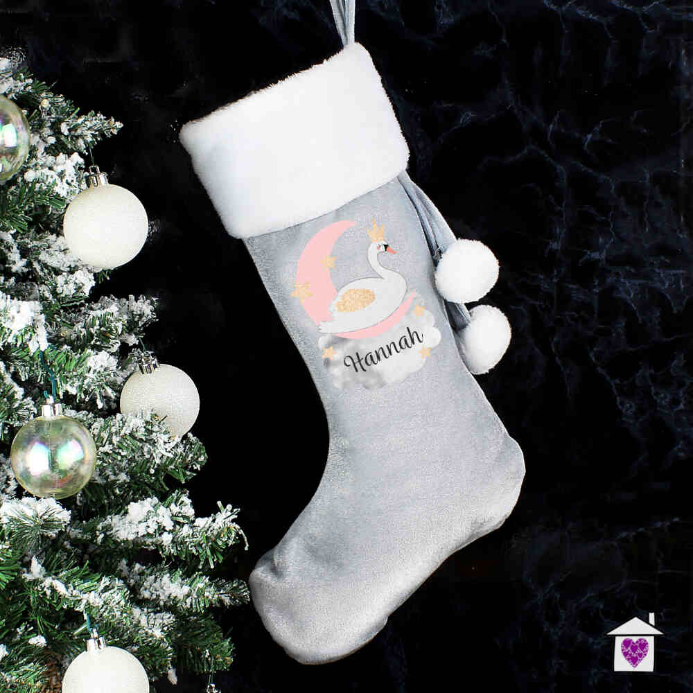 Personalised Swan Lake Luxury Silver Grey Stocking