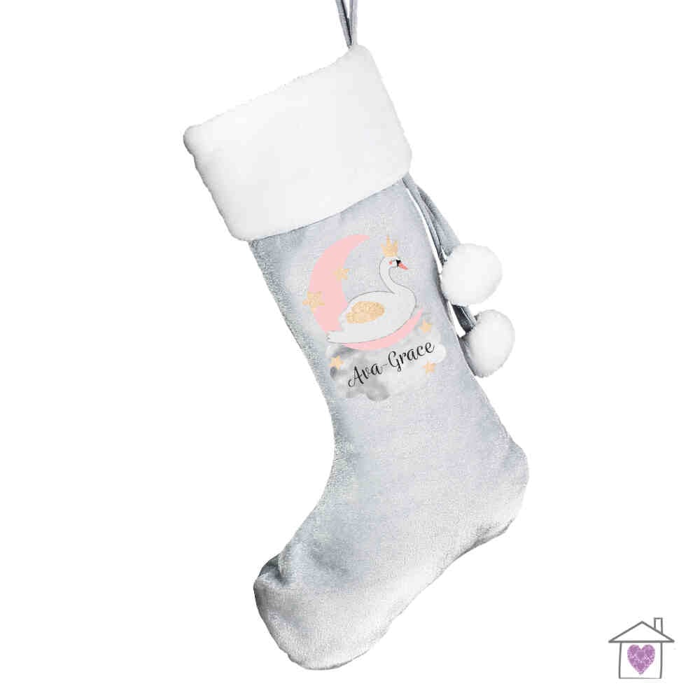 Personalised Swan Lake Luxury Silver Grey Stocking - Image 2