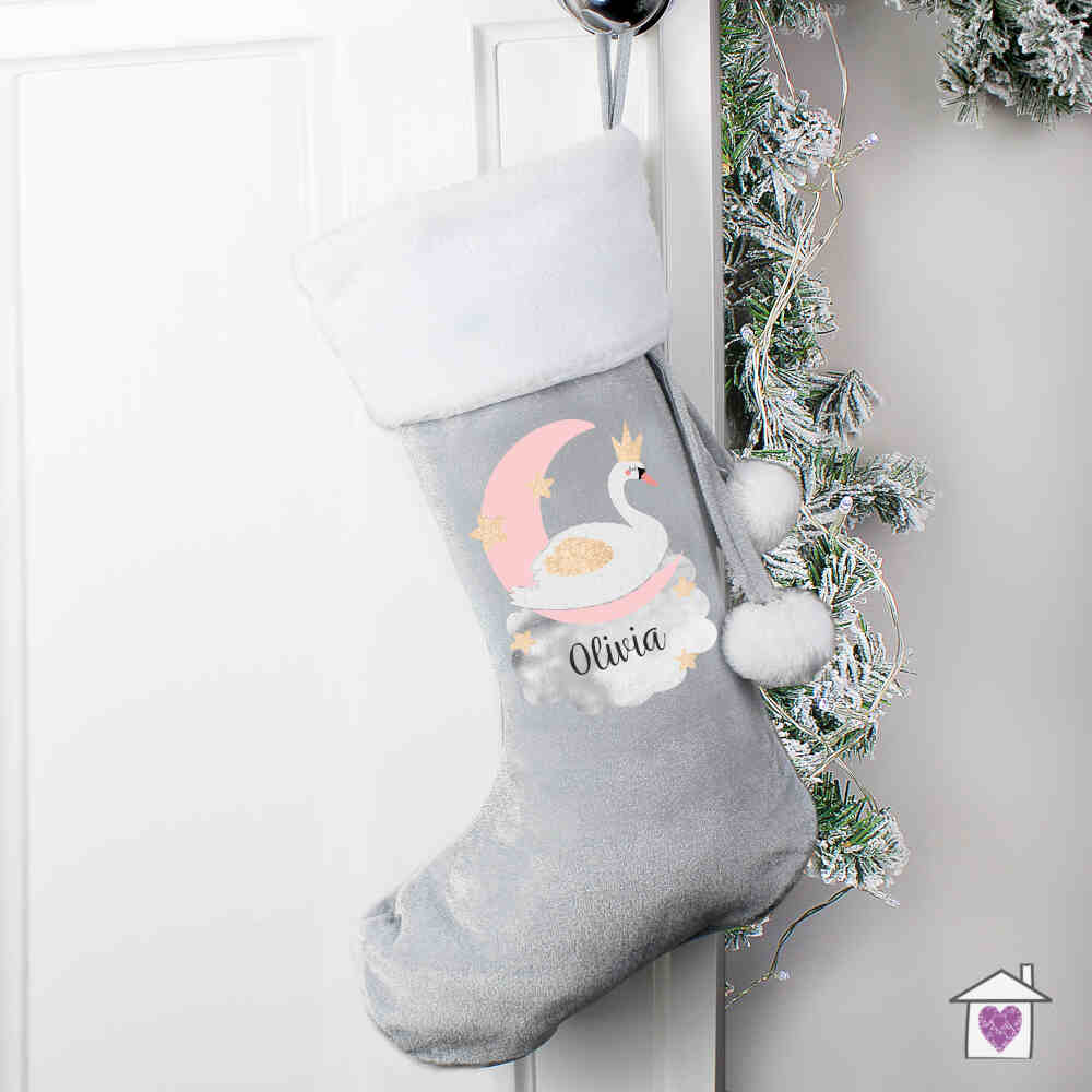 Personalised Swan Lake Luxury Silver Grey Stocking - Image 3