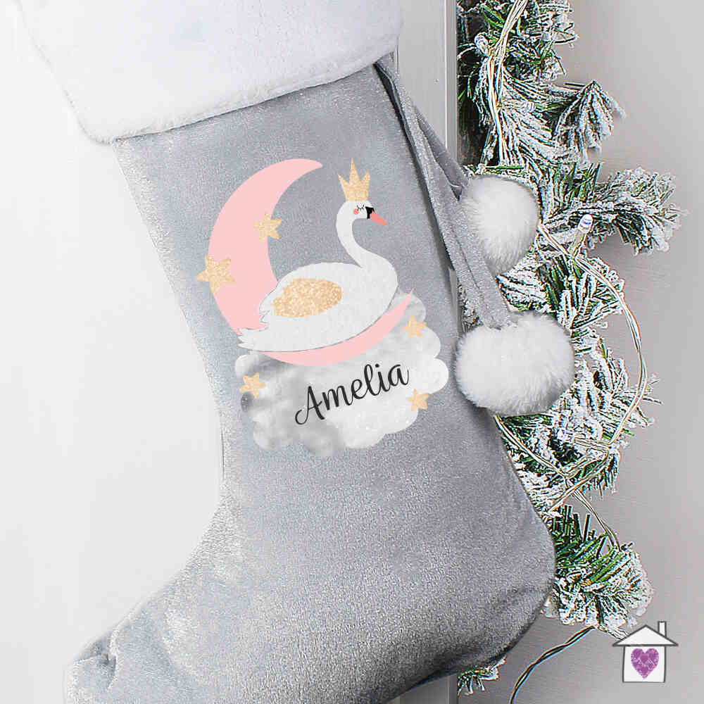 Personalised Swan Lake Luxury Silver Grey Stocking - Image 4