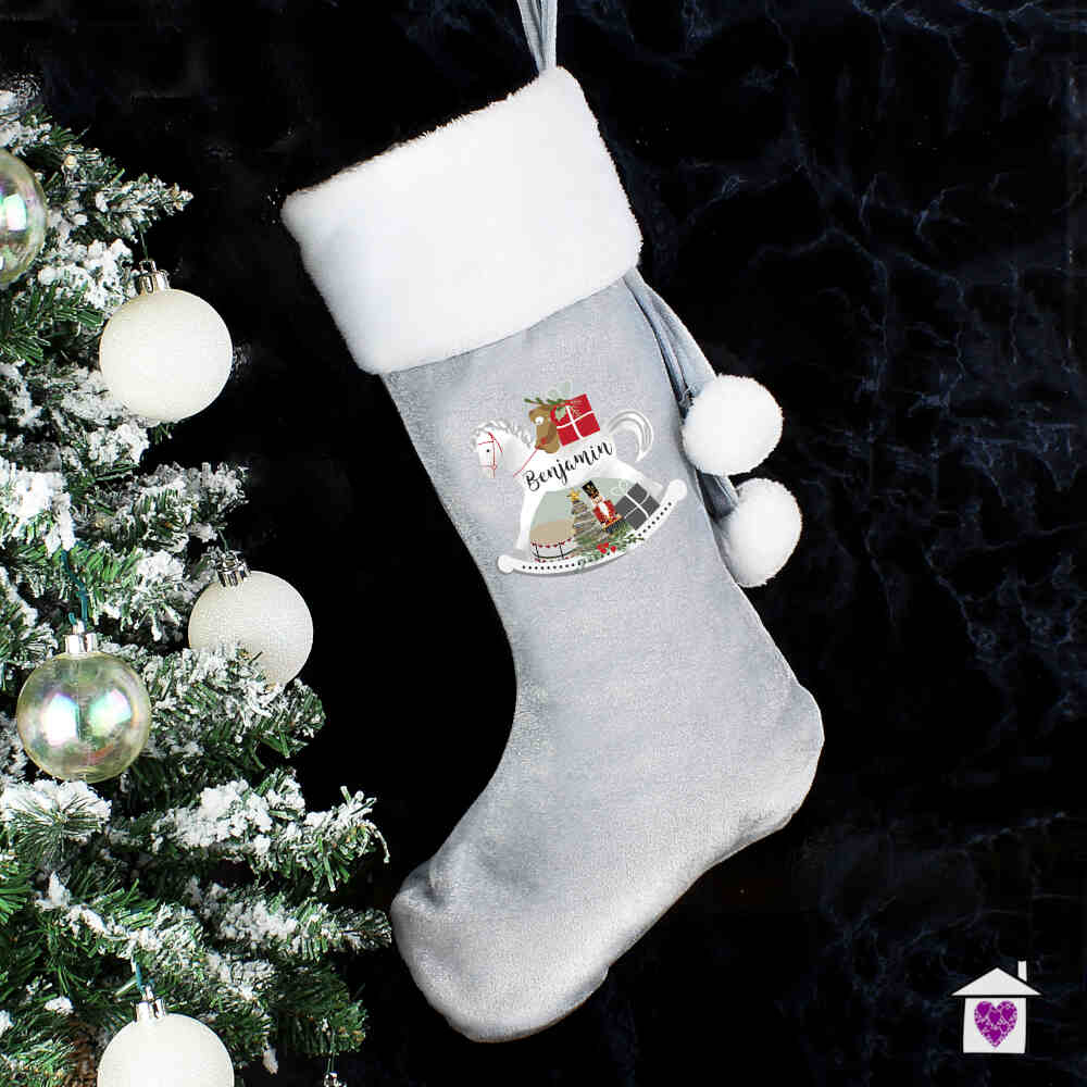 Personalised Rocking Horse Luxury Silver Grey Stocking