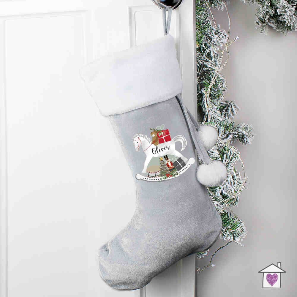 Personalised Rocking Horse Luxury Silver Grey Stocking - Image 3