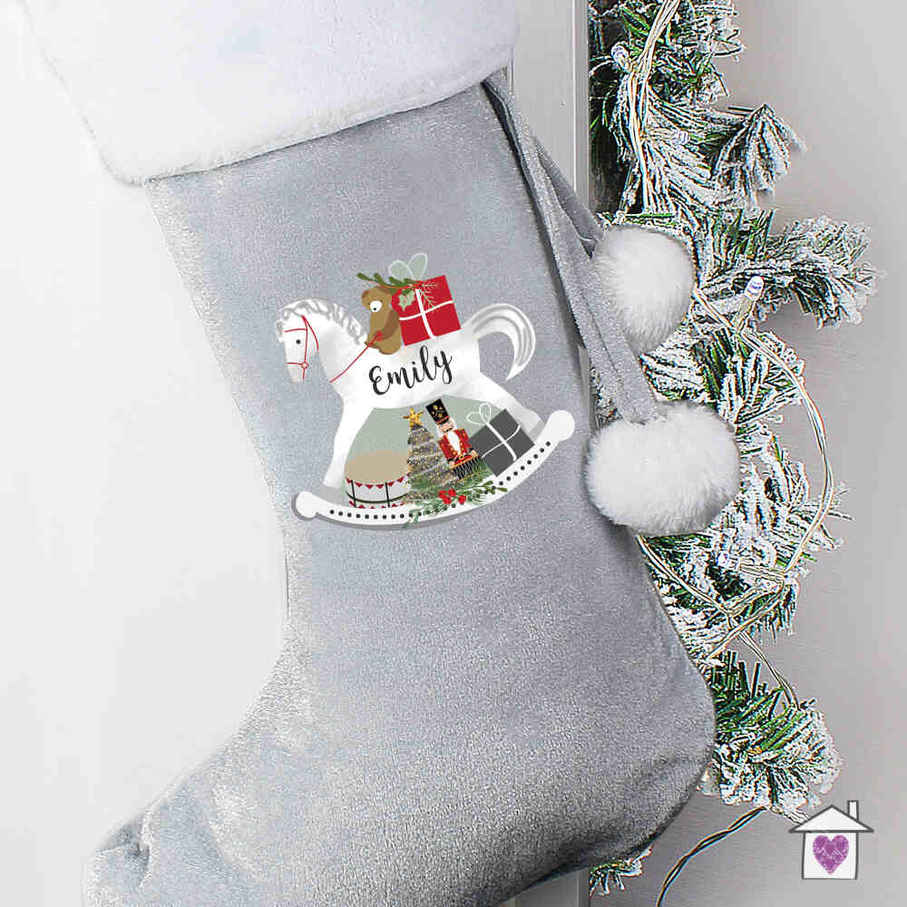 Personalised Rocking Horse Luxury Silver Grey Stocking - Image 4
