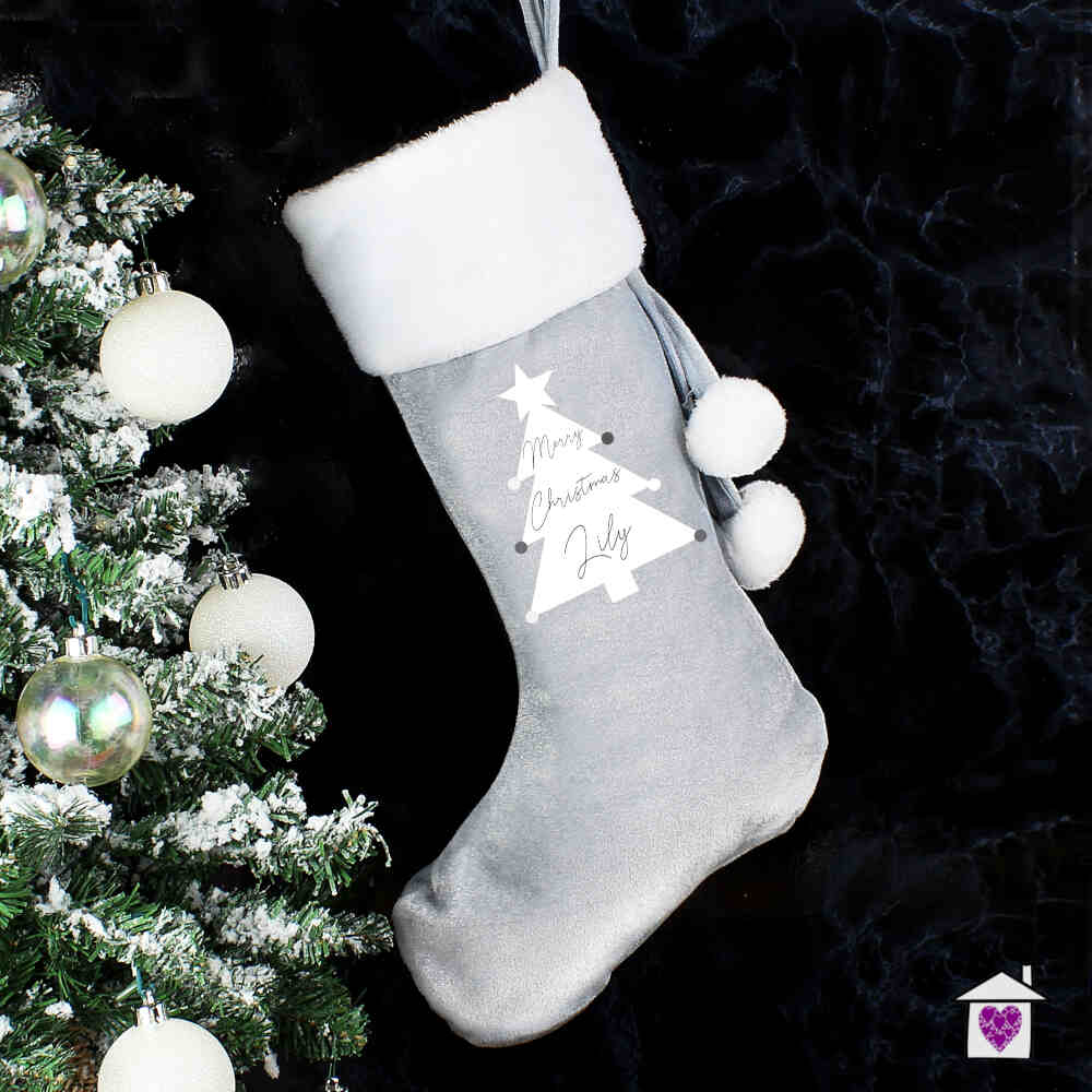 Personalised Christmas Tree Luxury Silver Grey Stocking