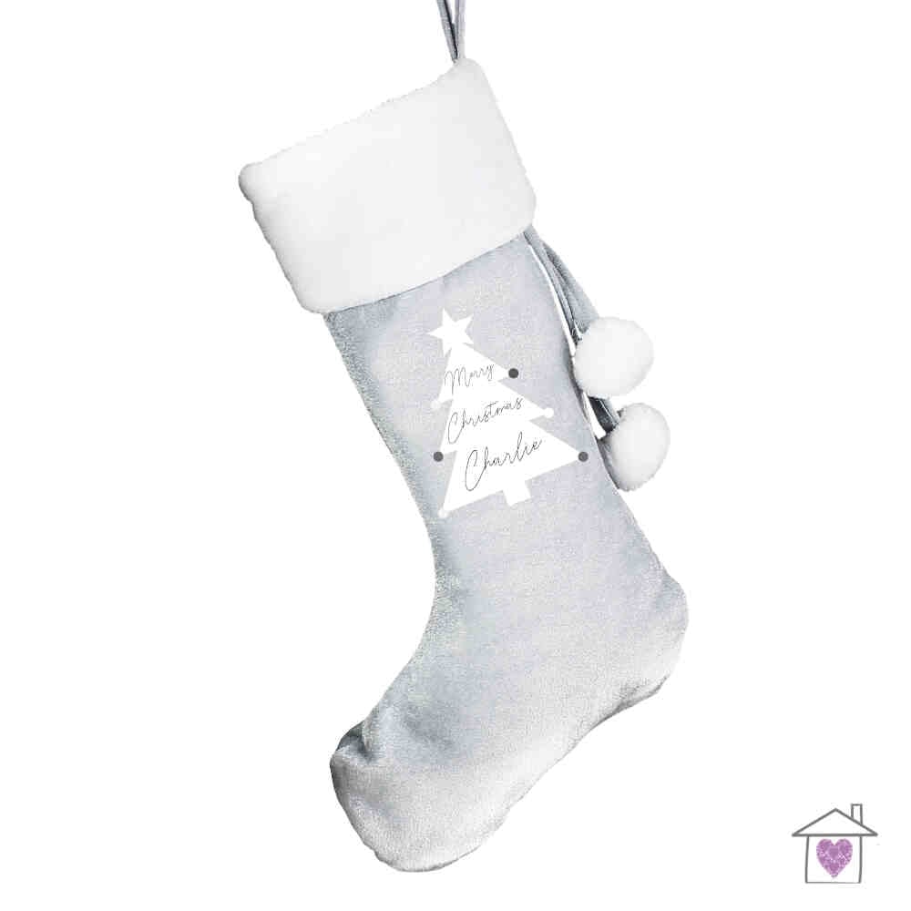 Personalised Christmas Tree Luxury Silver Grey Stocking - Image 2