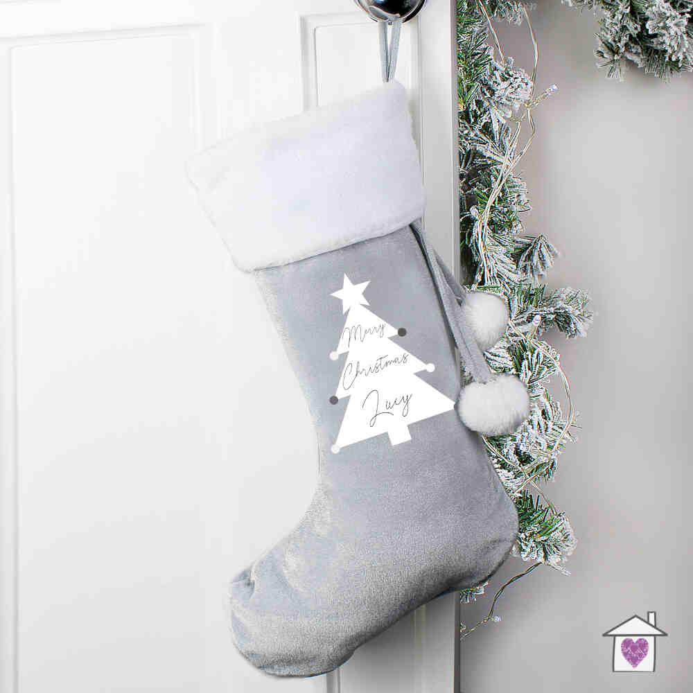 Personalised Christmas Tree Luxury Silver Grey Stocking - Image 3