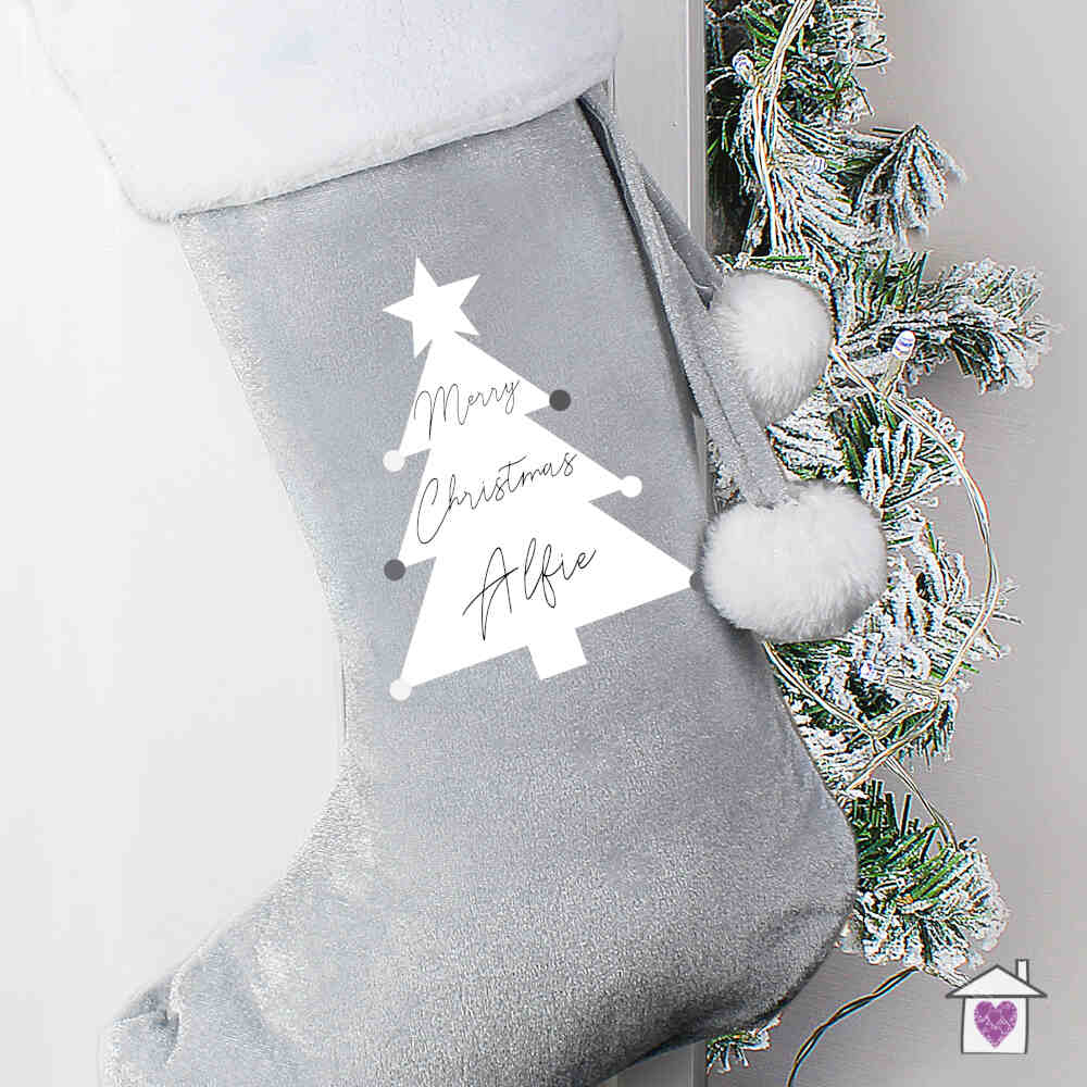 Personalised Christmas Tree Luxury Silver Grey Stocking - Image 4