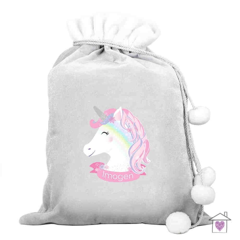 Personalised Christmas Unicorn Luxury Silver Grey Pom Pom Sack - Image 2