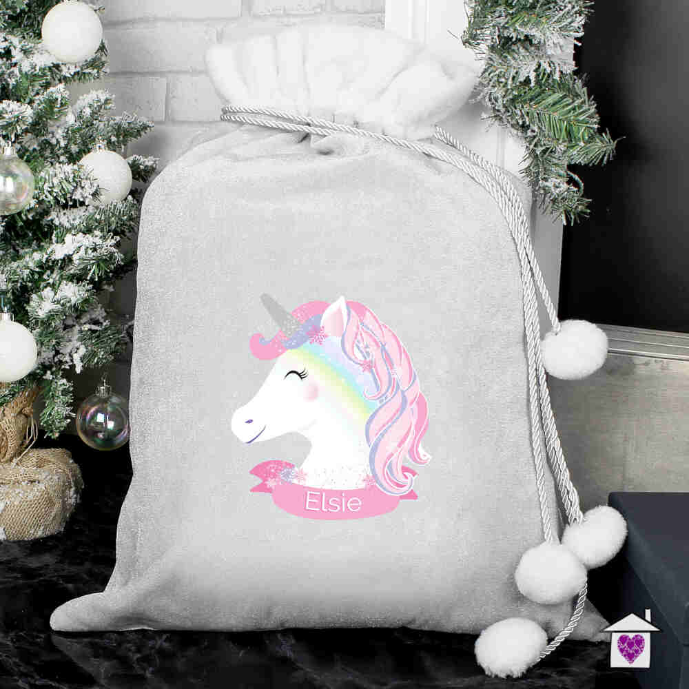 Personalised Christmas Unicorn Luxury Silver Grey Pom Pom Sack - Image 3