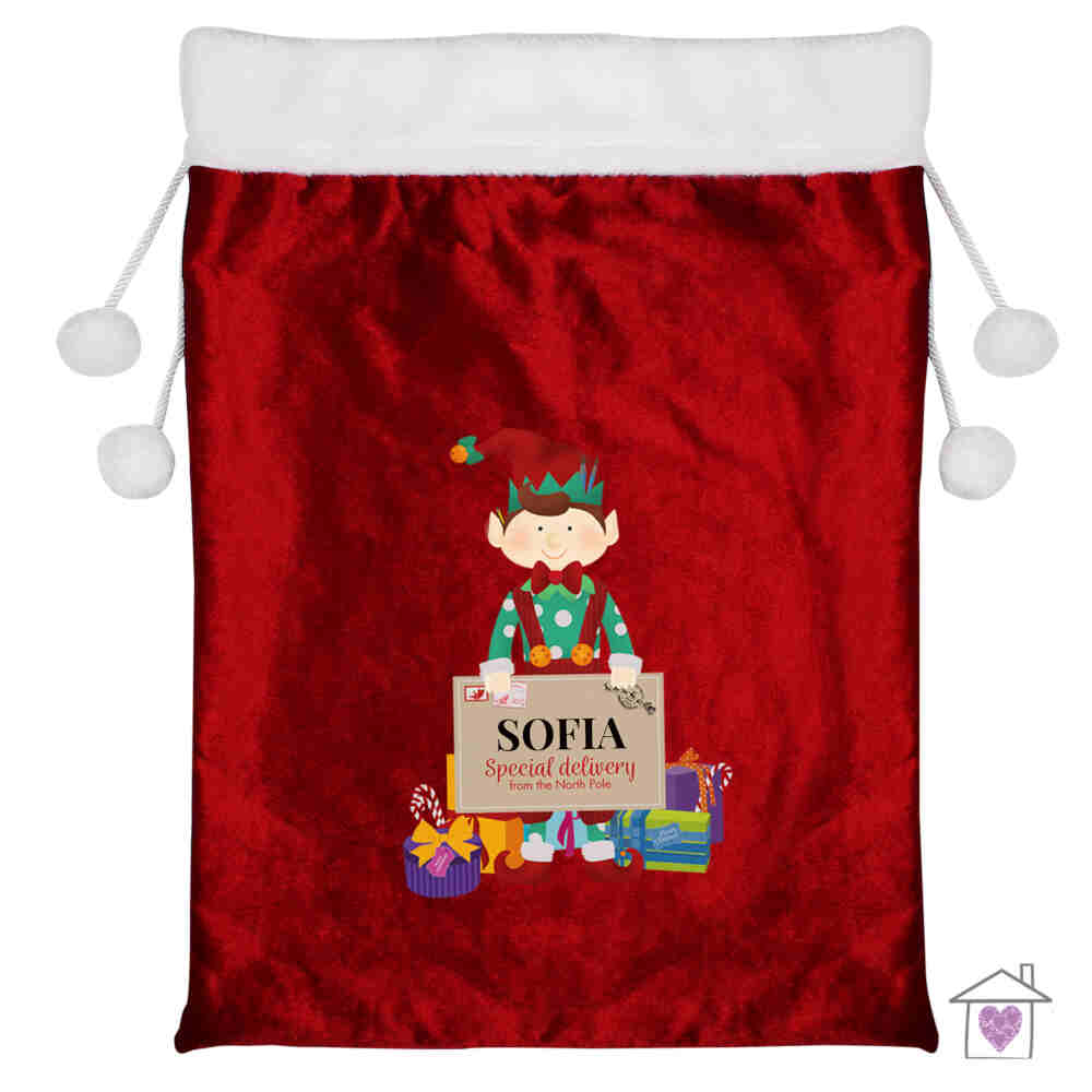 Personalised Christmas Elf Luxury Pom Pom Red Sack - Image 2