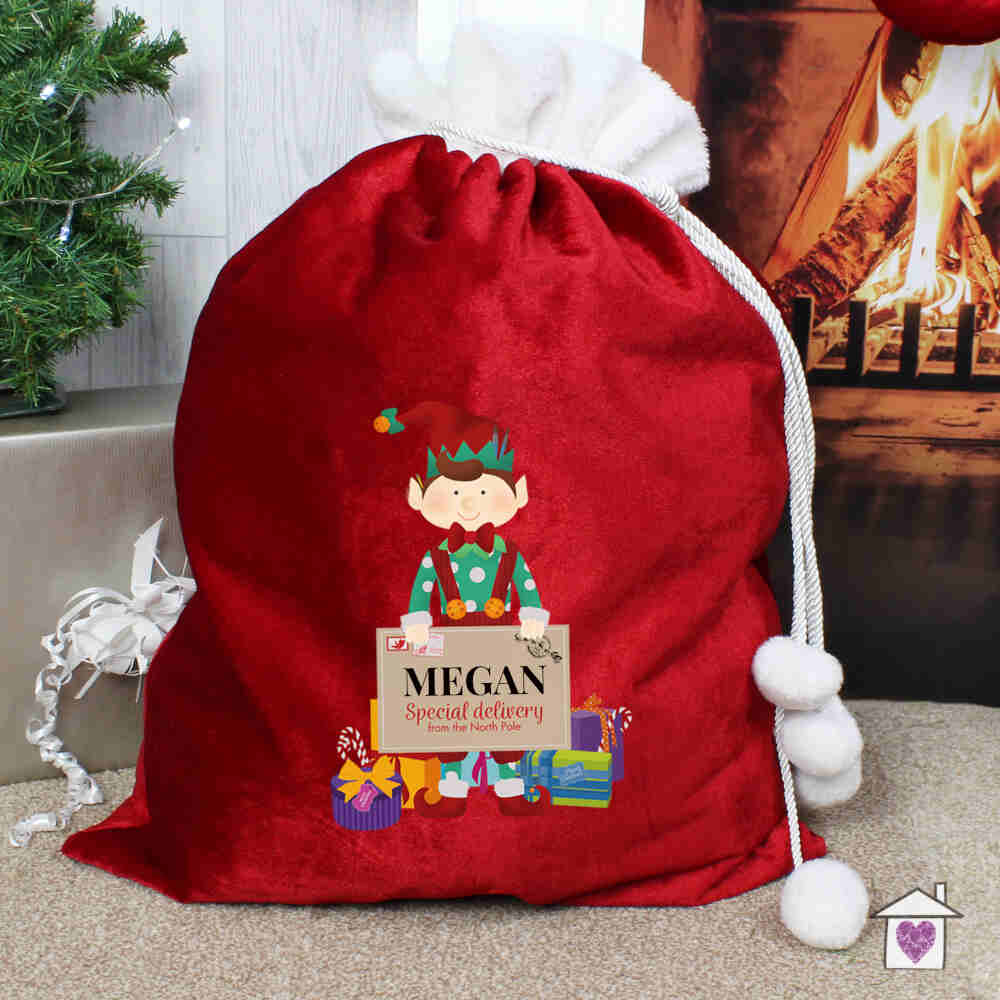 Personalised Christmas Elf Luxury Pom Pom Red Sack - Image 3