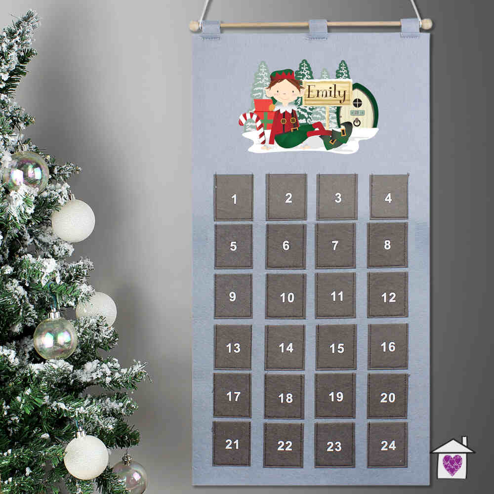 Personalised Elf Advent Calendar In Silver Grey