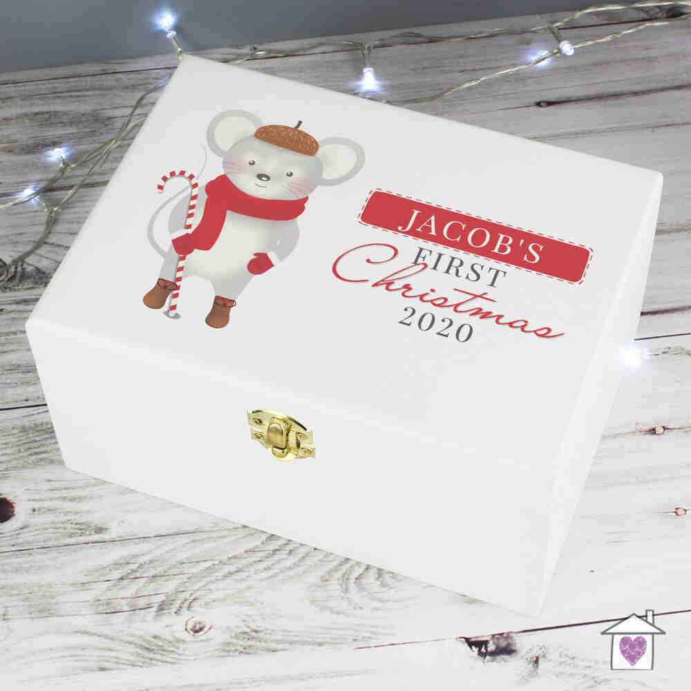 Personalised '1st Christmas' Mouse White Wooden Keepsake Box - Image 4