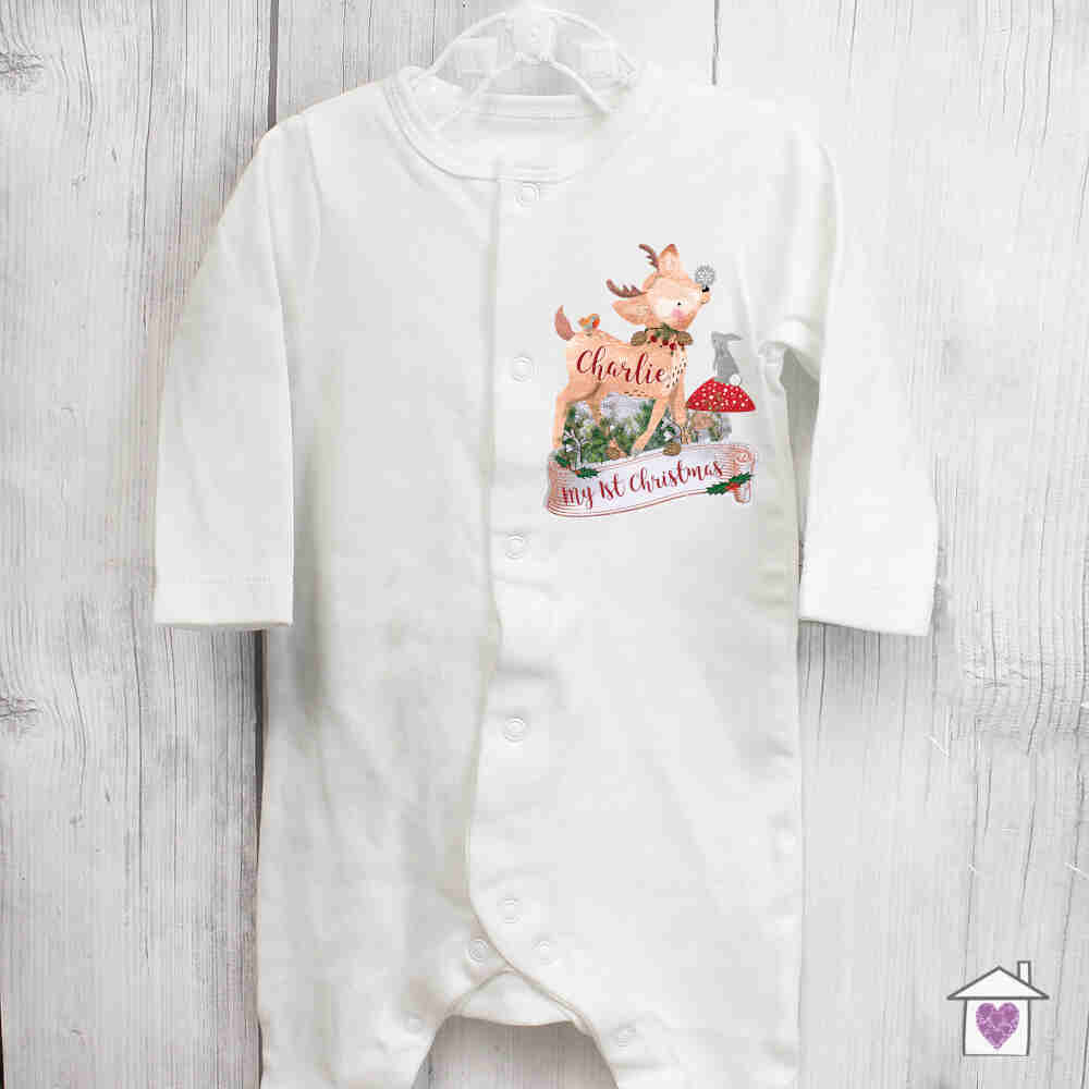 Personalised Festive Fawn 0-3 Months Baby Grow