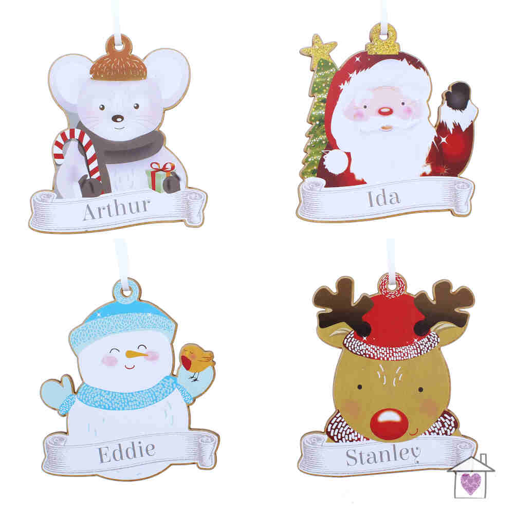 Personalised Set of Four Colourful Christmas Characters Wooden Hanging Decorations - Image 2