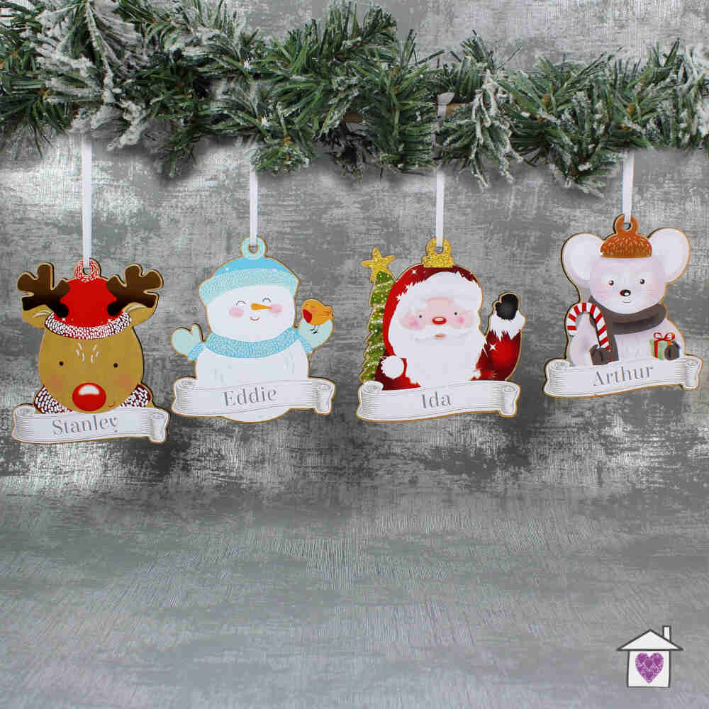 Personalised Set of Four Colourful Christmas Characters Wooden Hanging Decorations - Image 3