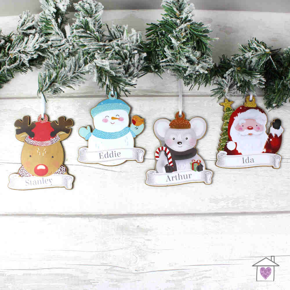 Personalised Set of Four Colourful Christmas Characters Wooden Hanging Decorations - Image 5