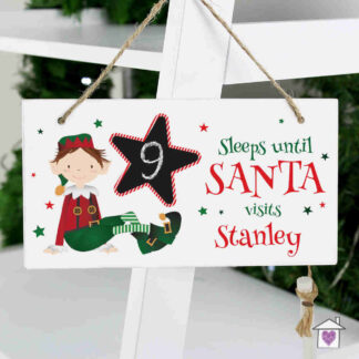 Personalised Elf Christmas Chalk Countdown Wooden Sign