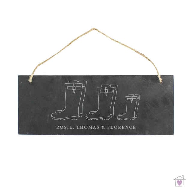 Personalised Welly Boot Family of Three Hanging Slate Plaque - Image 2