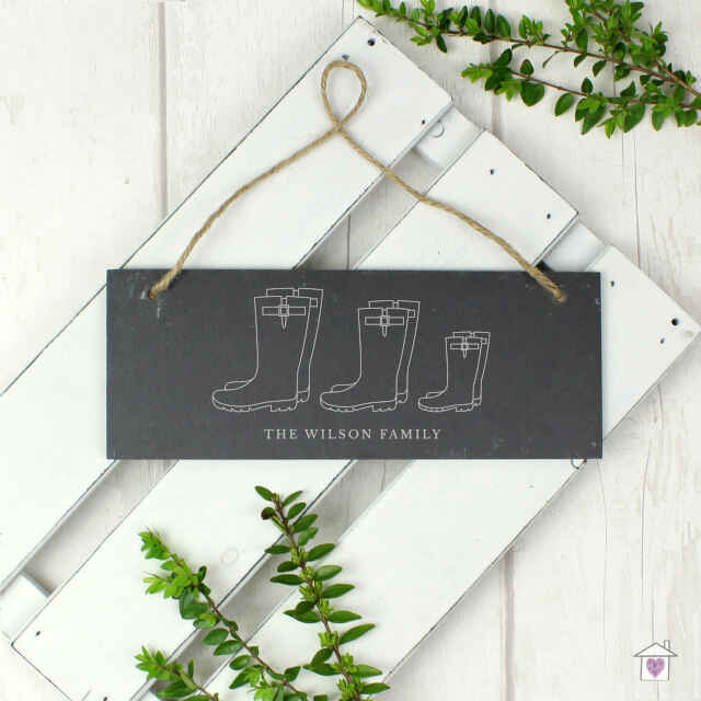 Personalised Welly Boot Family of Three Hanging Slate Plaque - Image 3