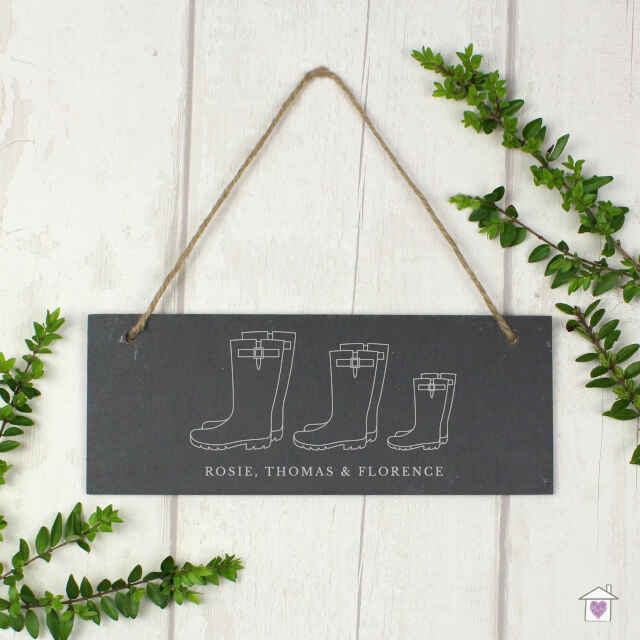 Personalised Welly Boot Family of Three Hanging Slate Plaque - Image 4
