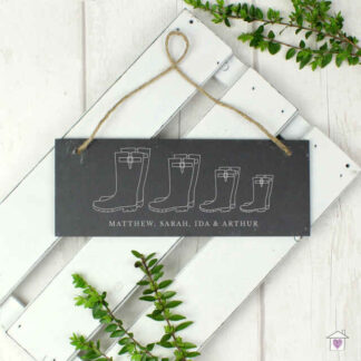 Personalised Welly Boot Family of Four Hanging Slate Plaque