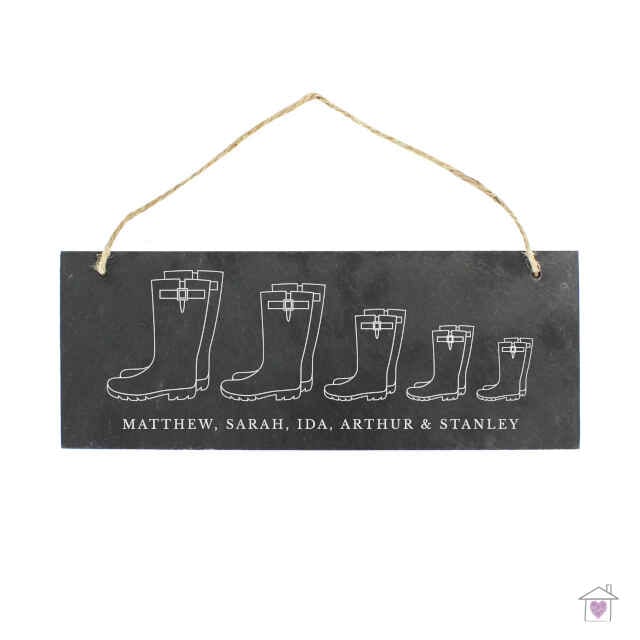 Personalised Welly Boot Family of Five Hanging Slate Plaque - Image 2