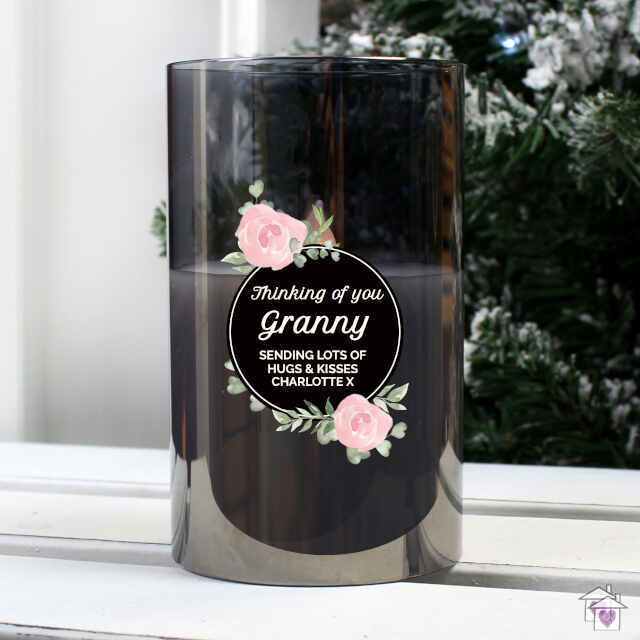 Personalised Floral Smoked Glass LED Candle