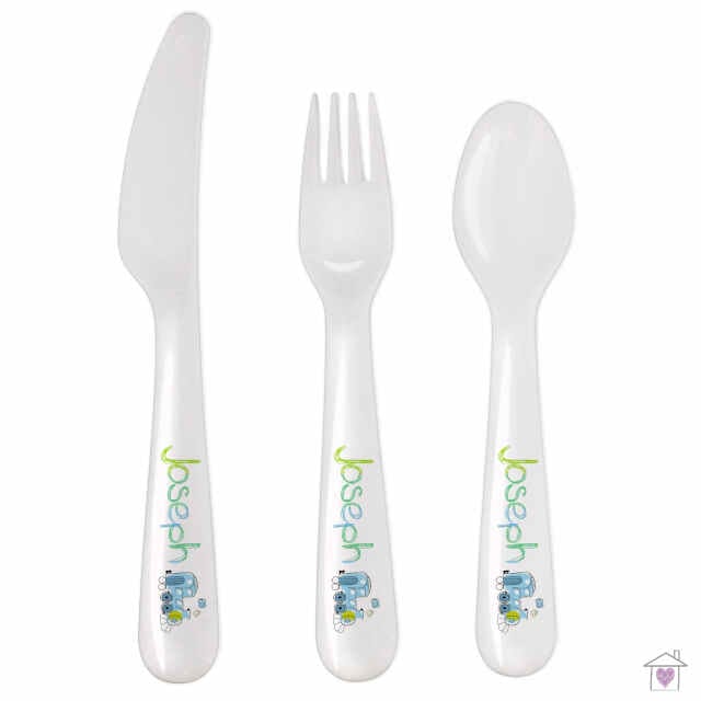 Personalised Patchwork Train 3 Piece Plastic Cutlery Set - Image 2