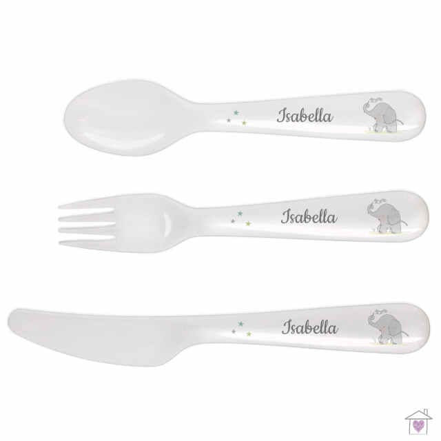 Personalised Hessian Elephant 3 Piece Plastic Cutlery Set - Image 4