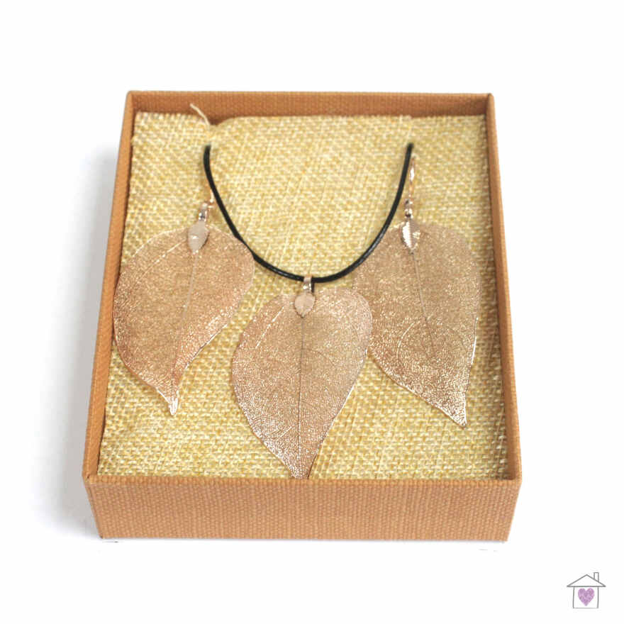 Necklace & Earring Set - Bravery Leaf - Pink Gold