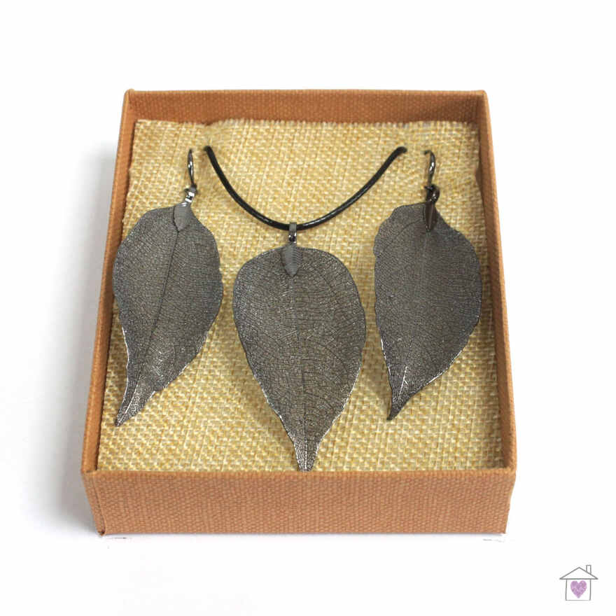 Necklace & Earring Set - Bravery Leaf - Pewter