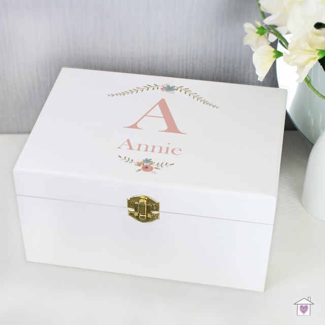 Personalised Floral Bouquet White Wooden Keepsake Box - Image 6