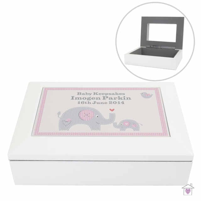 Personalised Pink Baby Elephant White Wooden Keepsake Box - Image 3