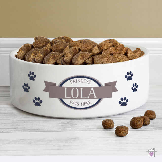 Personalised Blue Paws 14cm Medium White Pet Bowl - Image 2