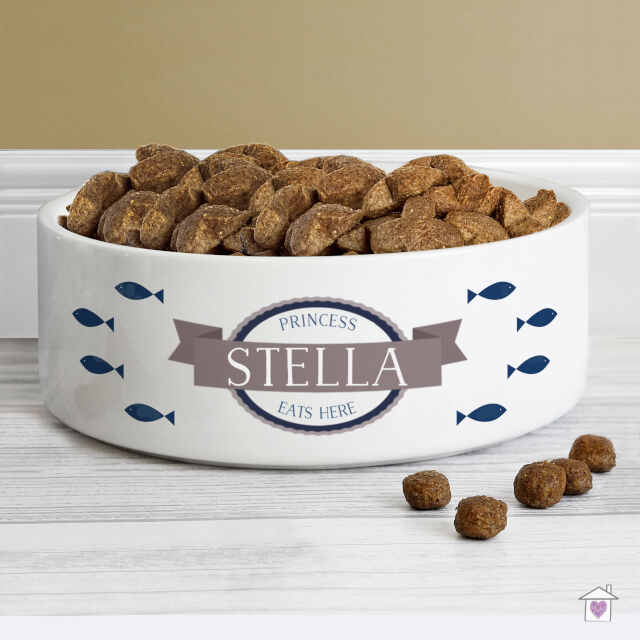 Personalised Blue Fish 14cm Medium White Pet Bowl - Image 2