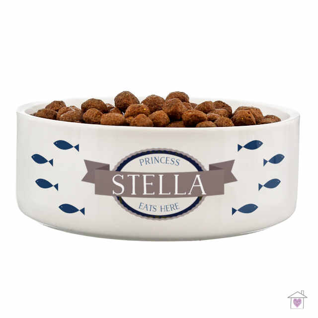 Personalised Blue Fish 14cm Medium White Pet Bowl - Image 3