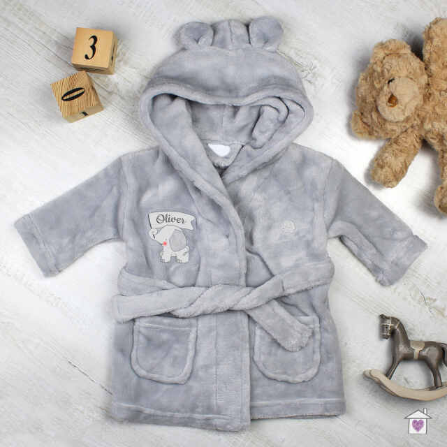 Personalised Elephant 0-6 Months Grey Hooded Baby Dressing Gown - Image 3