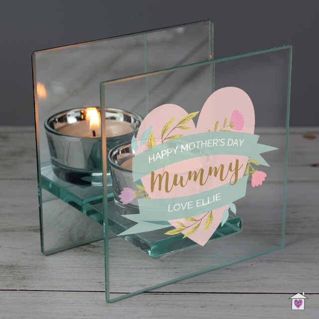 Personalised Floral Heart Mothers Day Mirrored Glass Tea Light Holder - Image 3