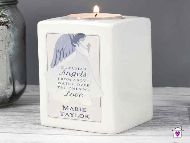 Personalised Guardian Angel Ceramic Tea Light Candle Holder