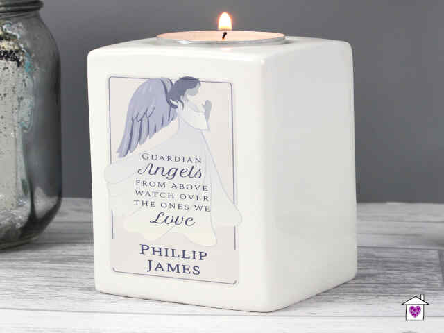 Personalised Guardian Angel Ceramic Tea Light Candle Holder - Image 3