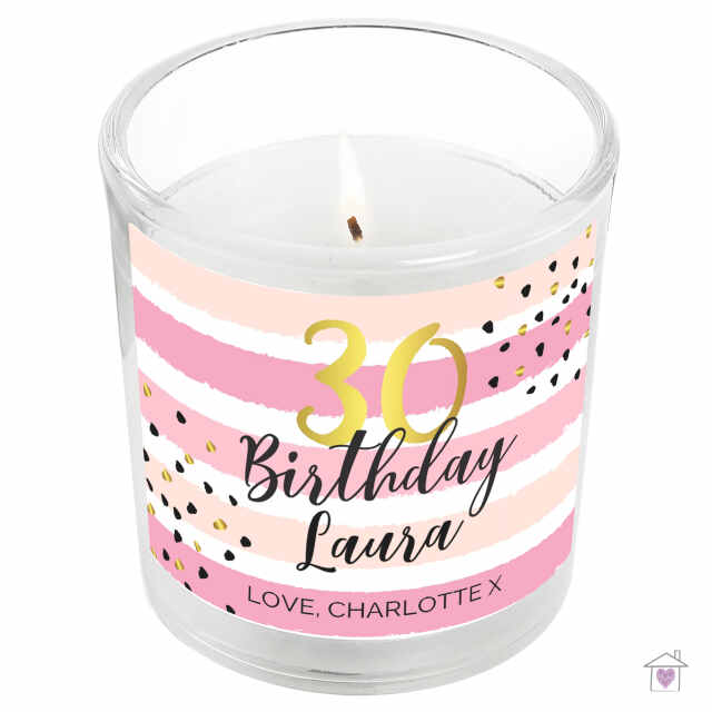 Personalised Birthday Gold and Pink Stripe Scented Jar Candle - Image 2
