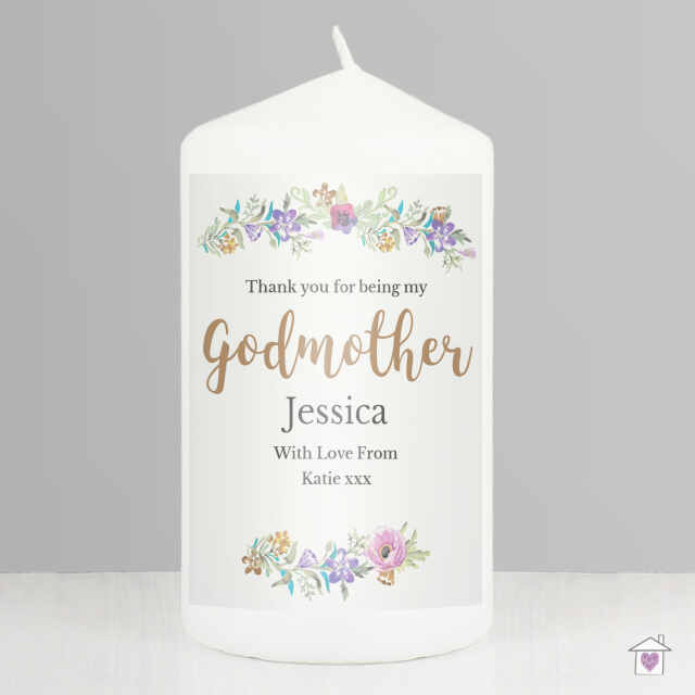 Personalised Godmother 'Floral Watercolour' Pillar Candle