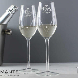 Personalised Hand Cut Mr & Mrs Pair of Flutes in Gift Box
