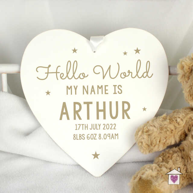 Personalised Hello World Large Wooden Heart Decoration