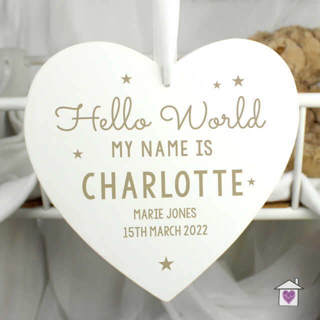 Personalised Hello World Large Wooden Heart Decoration - Image 4