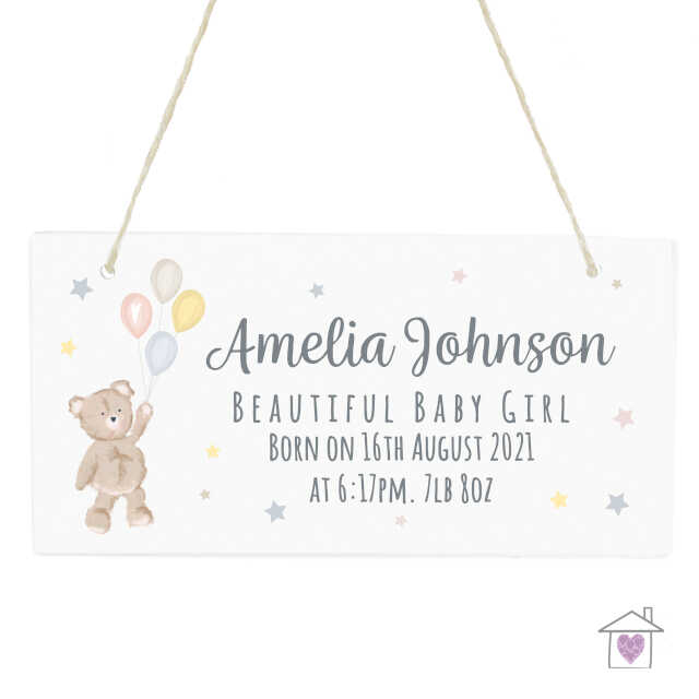 Personalised Teddy & Balloons White Wooden Sign - Image 2